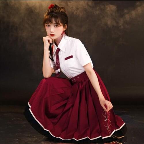 Crane Original Design Chinese Style X Japanese JK Uniform Set: Short Sleeves Blouse & Neck Tie + Pleated Skirt Womens Set