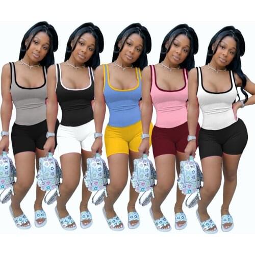 Summer Sexy 2 Pcs Short Sets Women Sleevelss Tank Top + Biker Shorts Two Pieces Tracksuit 2021 Casual Contrast Color Clothings