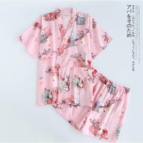 Summer Women Pajamas Set Pure Cotton Gauze Cartoon Rabbit Kimono Short Sleeves Ladies Sleepwear with Shorts Thin Homewear