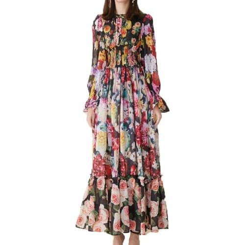 Fashion Runway Autumn Long Sleeve Maxi Dress Womens elastic Waist Floral Print Elegant Party Holiday Long Dress