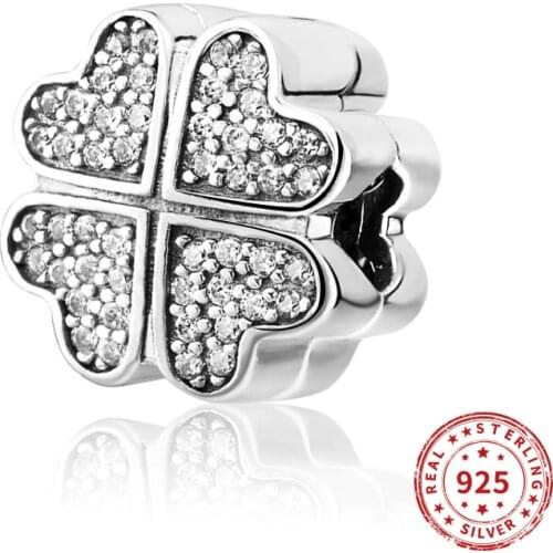 Real 925 sterling silver Beads DIY sparkling clover Clip Charm Beads Suitable fit Original Pandora Bracelet Jewelry 2021
