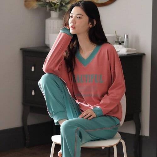 Womens Sleepwear Letter Print Long Sleeve Long Pants Set Pajamas for Women Pajama Set Sweet V-Neck T Shirts Autumn Pijama Mujer