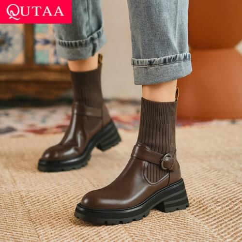 QUTAA 2022 Round Toe Autumn Winter Ankle Boots Knitting Leather Concise Women Shoes Square Heel Slip On Short Boots Size 34-43