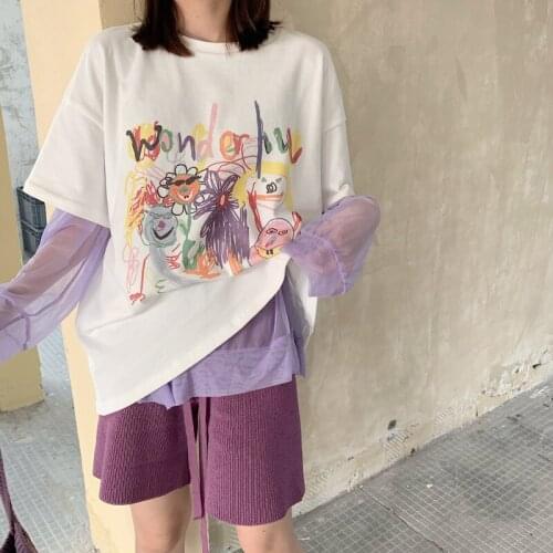 Letter Cartoon Print Loose T-shirt Female Korean Harajuku Womens T-shirts Tops Japanese Kawaii Ladies Ulzzang Clothes For Women