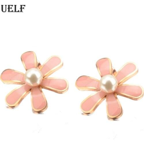 Uelf Elegance Gold Big Flower Stud Earring for Women Trendy Metal Floral Party Stainless Steel Pearl Jewelry Gift Pendientes