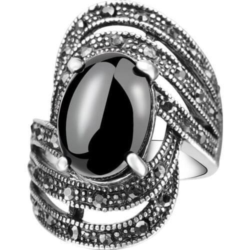 Vintage Black Crystal Opals Rings Women Retro silver color jewelry Ring punk Bijoux anel masculino bague femme Bulgaria rings