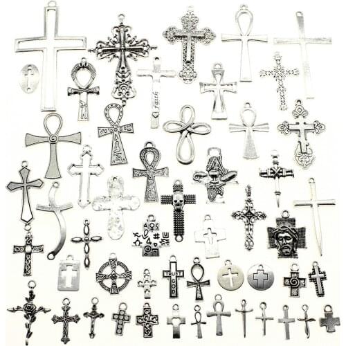WYSIWYG 100G Random Mix Designs Antique Silver Color Zinc Alloy Cross Pendant Charms DIY Jewelry Making Accessories