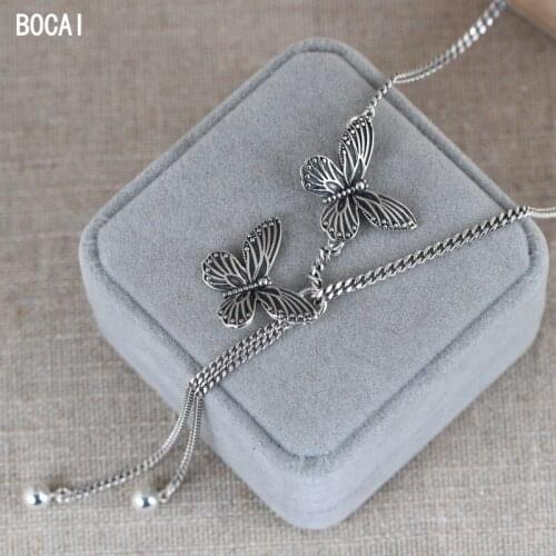 BOCAI Real 100% S925 Silver Retro Fashion Temperament Trendy Butterfly Silver Bead Tassel Necklace for Woman