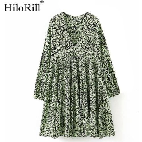 HiloRill Floral Print Loose Mini Dress Women Lantern Long Sleeve Chic Pleated Dress 2021 Casual V Neck Beach Mini Dresses