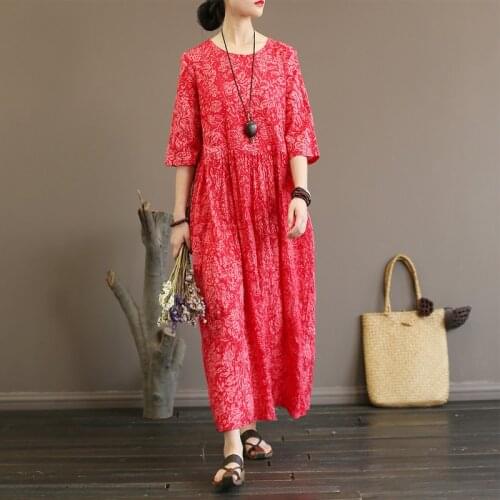 Johnature Retro Fashion Floral Print Dresses 2021 Summer New O-Neck Half Sleeve High Waist Loose Ankle-Length Women Dress