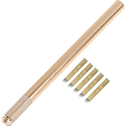 Golden 3D Tattoo Pen + 5 Pcs 12 Pins Microblading Tattoos Needles Permanent Makeup Manual Professional Eyebrow Tattoo Set New