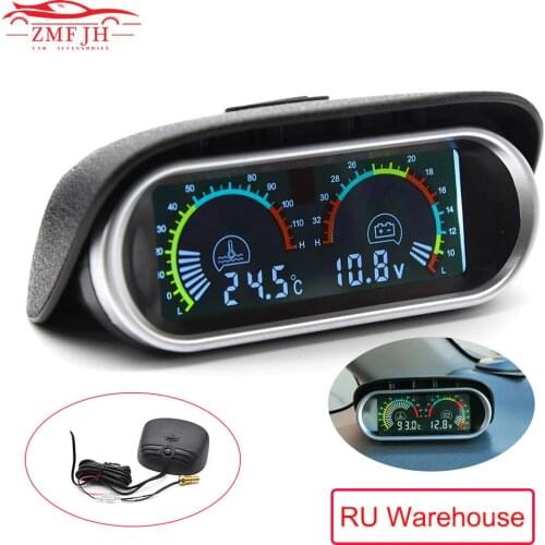 2 in 1 LCD Car Truck Water Temp Gauge Temperature Sensor Meter Voltmeter Voltage Gauges Digital Horizontal gauge Sunshiel12v 24v