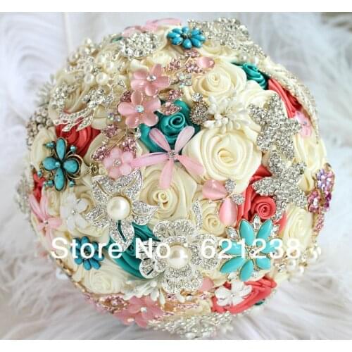 EMS Free Shipping,The most beautiful bride holding flowers, handmade fabric brooch wedding bouquet jewelry, green & beige