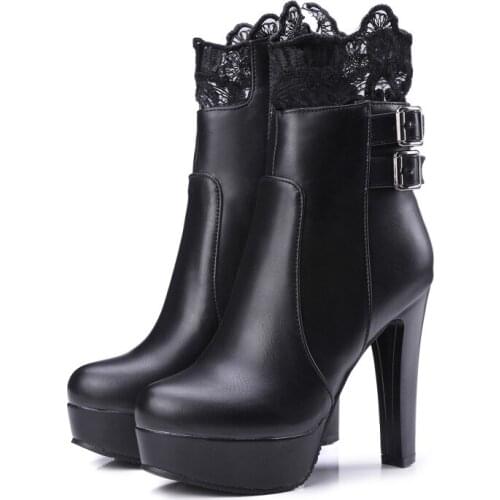 Big Size Euro-American style round-headed round heel high-heeled side zipper belt buckle waterproof platform boots