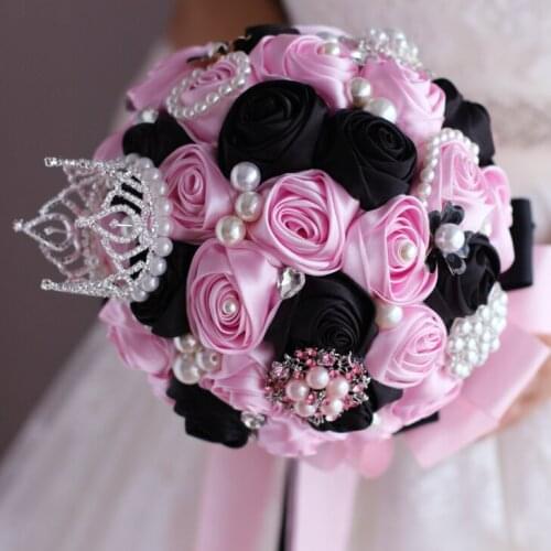 Brooch Bouquet Silk Bride Bridal Imperial crown Wedding Bouquet Bridesmaid pink & black Cloth roses Customizable bouquets