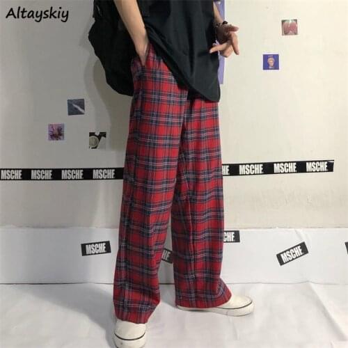 Plaid Pants Women Couple Harajuku High Waist Elastic Full Length Leisure Straight Spring Autumn Loose Trendy Checkered Baggy New
