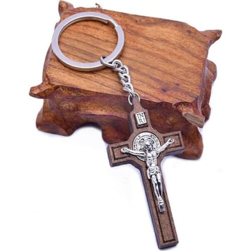 Church Wooden Saint Benedict Cross Keychain Religious Catholic Pilgrimage Holy Souvenir Keyrings Bag Car Key Pendants Jewelry