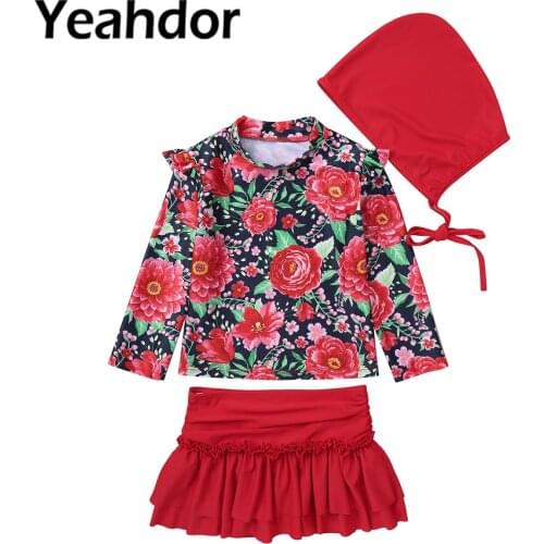 Kids Girls Floral Print Swimming Bathing Suit Round Neck Long Sleeves Tops and Pleated Skirt Hat Set Beachwear Swimsuit Swimwear