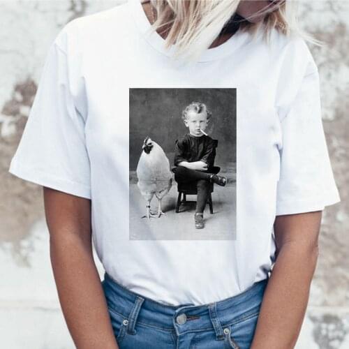 Summer Womens T-shirt Boy Smoking and Rooster Printed T-shirt Short Sleeve Aesthetic Punk Harajuku Kawaii Retro Female