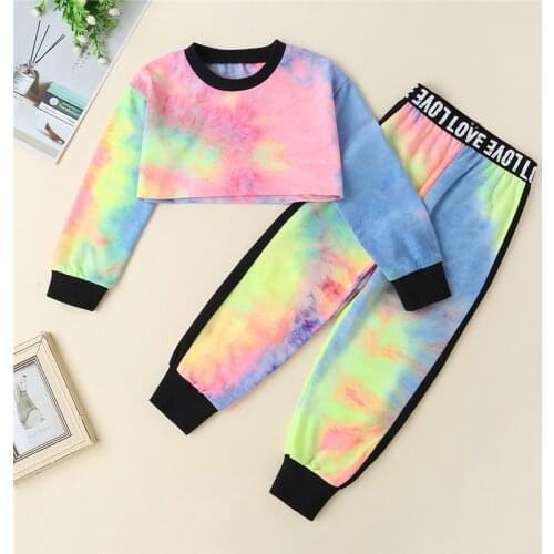 2-6Years Girls Clothes Sets Tie Dye Print Crop Tops T-Shirts+Letter Pants Children Clothing Spring Autumn Kids Teen Clothes Sets