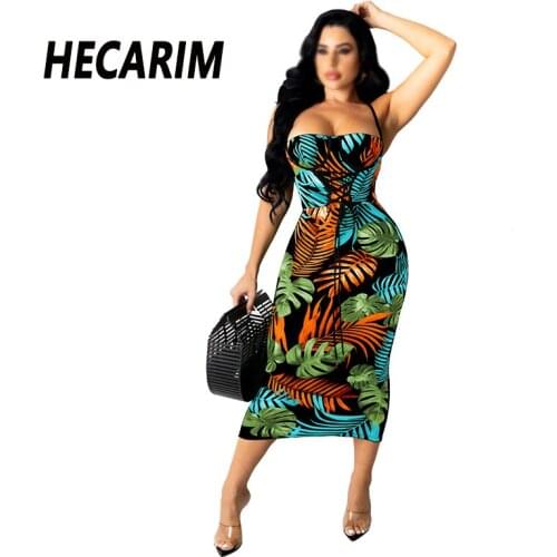 HECARIM Sleeveless Casual Sexy Club Dresses Print Summer Dresses For Girls High Waist Tight Lace Up Spaghetti Straps Midi Dress