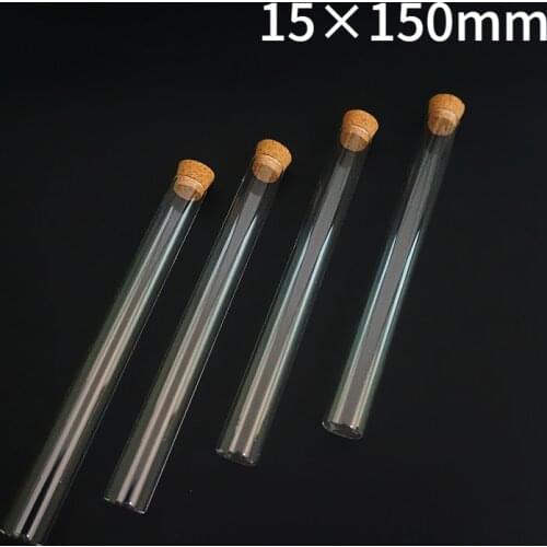 50pcs/lot 15x150mm Transparent Lab Glass Test Tube With Cork Stoppers Flat Bottom Vial Container