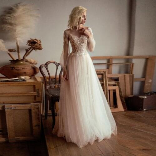 Sexy Tulle Wedding Dresses Scoop Neck Lattern Sleeves See-through Applique A-line Bridal Wedding Dress