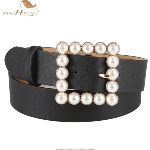 SISHION Ladies Fashion Wild Leather Belt Solid Color Leopard Belt Square Buckles Inlaid Pearl Decoration Belt Women QY0647