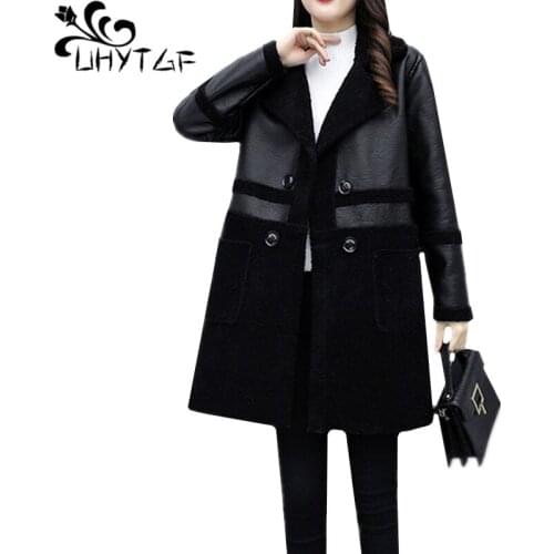 UHYTGF 5XL plus size jacket women Quality leather splice autumn winter leather jacket black casual warm leather coat female 1100