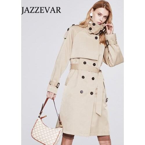 JAZZEVAR Mid-length windbreaker women 2021 new Korean version of high-end temperament popular double-breasted windproof jacket