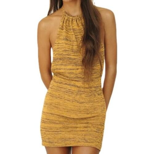 Women Summer Sheath Dress Solid Color Lace-Up Halter Neck Sleeveless Backless Butt Skirt for Girls, Yellow