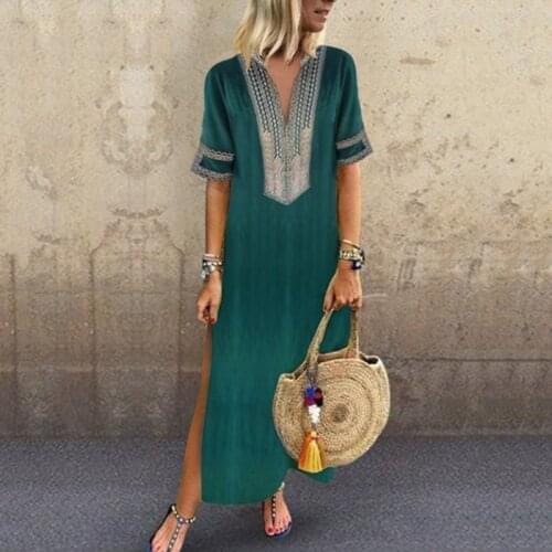 Summer Women Dresses Kaftan Dress Robe Ethnic Style Print Deep V-Neck Synthetic Fiber Paisley Short Sleeve Split Maxi Dress 2021