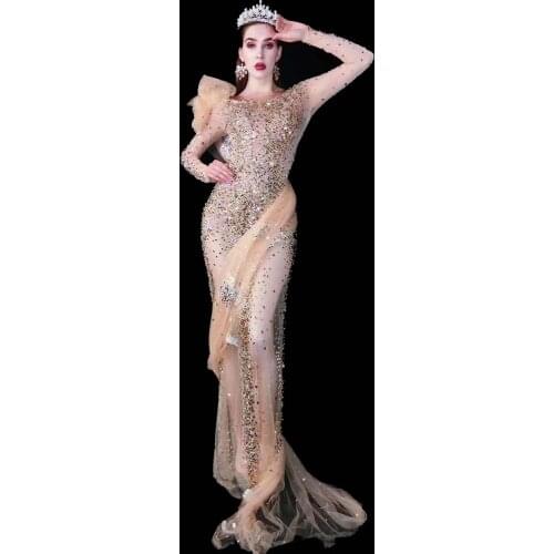 Women Sexy Sequins Nude Lace Long Dress Dance Costume Party Stage Wear Performing Dance Wear Dancer Outfits Women Clothing