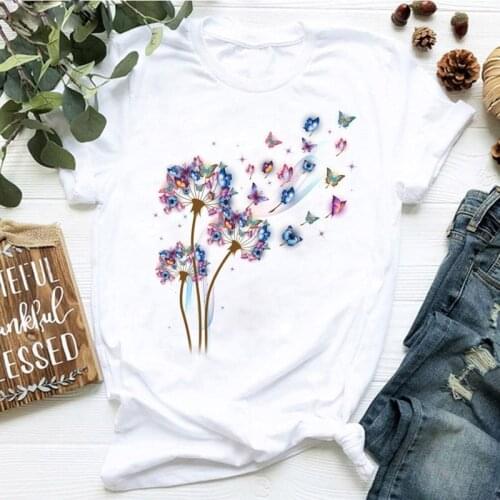 Butterfly Dandelion Printed T Shirt Fashion Women T Shirt Female Casual Short Sleeve Tee Shirts Cute Tops Summer Women T-shirt