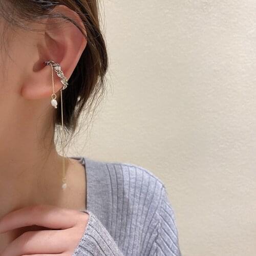 One Piece Geometric Pearl Drop Ear Cuff Clip Earrings For Women Girls Punk Chain Line Tassel Long Earrings Fashion Jewelry