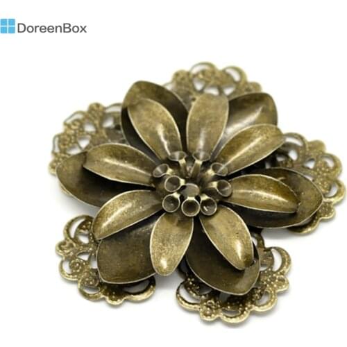 10 PCs Doreen Box Filigree Flower Embellishment Findings Alloy Antique Bronze Color 5.3x5.1cm For DIY Jewelry Making Wholesale