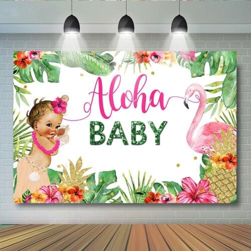 Aloha Baby Flamingo Backdrop Newborn 1st Birthday Party Baby Shower Background Green Flowers Leaves Pineapple Photography