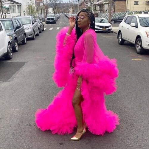 Fuchsia Black Tulle Dresses For Photo Shoot Long Sheer Front Slit Tulle Maternity Robes Long Sleeves Sexy Tulle Robe Customize