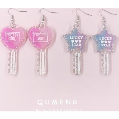 Hot Selling Gradient Beautiful Colorful Clear Glitter Heart Star Key Shape Resin Earrings For Girls Cute Design Party Jewelry