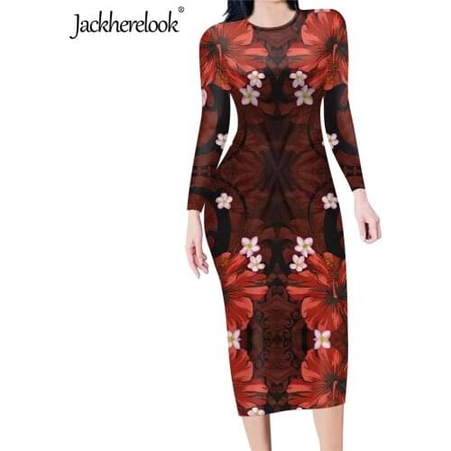 Jackherelook Hot Selling Vintage Polynesian Hibiscus Plumeria Print Women Elegant Tunic Bodycon Dress Long Sleeve Pencil Dresses