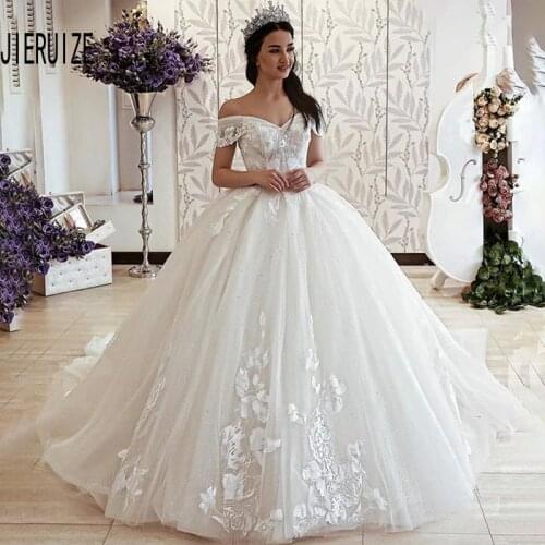 JIERUIZE Elegant Ball Gown Bride Wedding Dress Off Shoulder Lace Up With Appliqued Princess Wedding Gown Vestido De Noiva