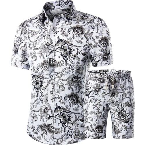 2 Pieces Sets Summer Fashion Floral Print Shirts Shorts Men Suit Casual Beach Hawaiian Clothing Plus Size Male Tracksuit Hombre