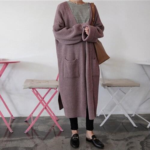 Korean Chic Long Cardigan 2018 Autumn Winter Knitted Long Sleeve Loose Sweater Female Solid Color Black Oversize Coat Streetwear
