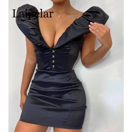 Beautiful Corset Puff Shoulder Mini Dress Women Elegant Backless Plunge V Neck Bodycon Stain Party Dress Clubwears