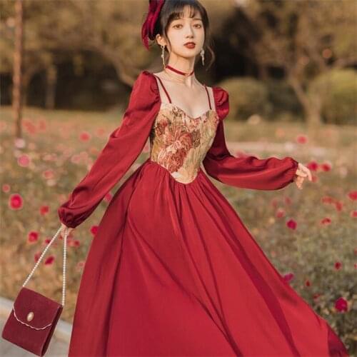 Red Dress Womens Spring Autumn New Chinese Style Retro Printed Square Neck Long Sleeve High Waist Party Chiffon Dress Y885