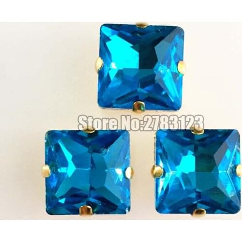 Free shipping 20pcs/pack 12mm 14mm Square shape flatback AAA+ Glass Crystal lake blue sew on claw rhinestones with Gold bottom