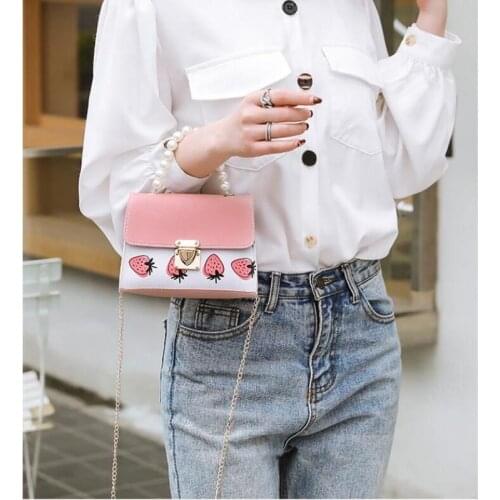 Fashion Pearl Handle Messenger Bag Women PU Leather Elegant Sweet Girl Small Square Shoulder Crossbody Handbag