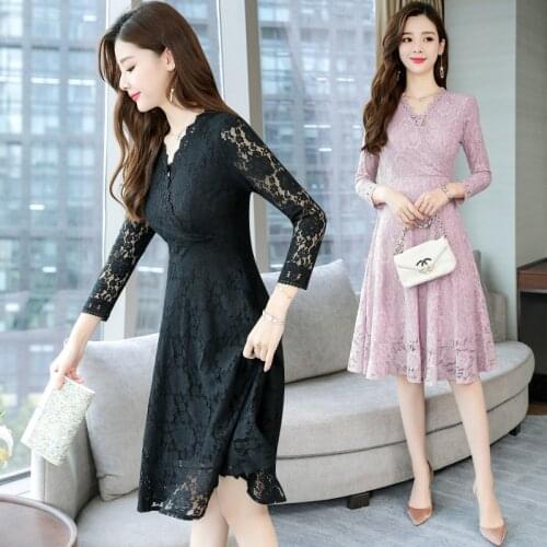 Autumn Winter Vintage Lace Sexy Black Midi Dress 2021 Korean Plus Size Long Sleeve Dresses Women Elegant Bodycon Party Vestidos
