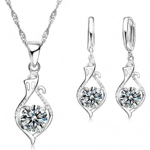 925 Sterling Silver Full Cubic CZ Pendant Necklace For Women With Drop Earring Wedding Set Gifts Fine Jewelry