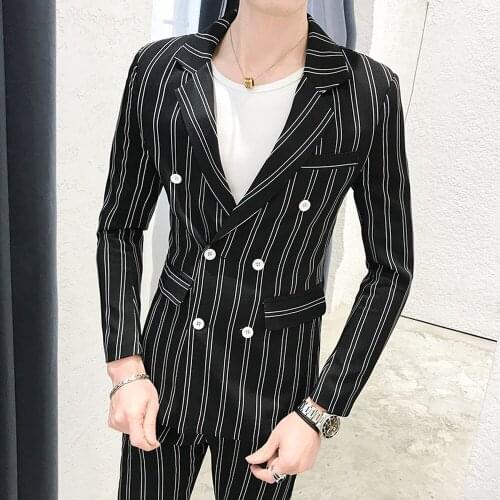 Double Breasted Jacket Pants Stripe Wending Dress Men Blazer Suits Slim Fit Male Business Casual Coat Trousers Party Clothes